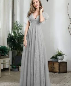 Ever-Pretty US Double V Neck Long Lace Evening Dress With Ruffle Sleeves SHOP BY OCCASION