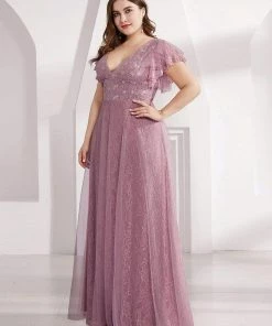 Ever-Pretty US Double V Neck Long Lace Evening Dress With Ruffle Sleeves SHOP BY OCCASION