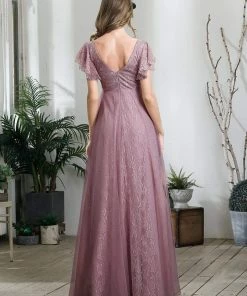 Ever-Pretty US Double V Neck Long Lace Evening Dress With Ruffle Sleeves SHOP BY OCCASION