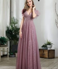 Ever-Pretty US Custom Size Double V Neck Long Lace Evening Dress With Ruffle Sleeves Summer Dresses 2022