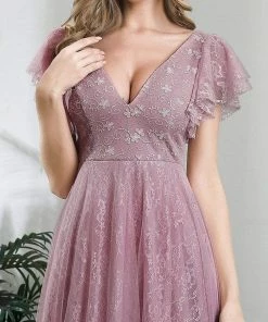 Ever-Pretty US Custom Size Double V Neck Long Lace Evening Dress With Ruffle Sleeves Summer Dresses 2022