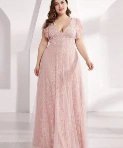 Ever-Pretty US Custom Size Double V Neck Long Lace Evening Dress With Ruffle Sleeves Summer Dresses 2022