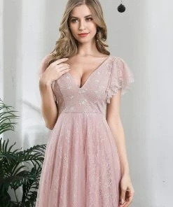 Ever-Pretty US Custom Size Double V Neck Long Lace Evening Dress With Ruffle Sleeves Summer Dresses 2022