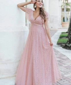 Ever-Pretty US Double V Neck Long Lace Evening Dress With Ruffle Sleeves SHOP BY OCCASION