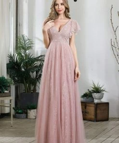 Ever-Pretty US Custom Size Double V Neck Long Lace Evening Dress With Ruffle Sleeves Summer Dresses 2022