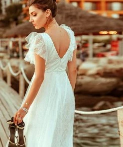 Ever-Pretty US Custom Size Double V Neck Long Lace Evening Dress With Ruffle Sleeves Summer Dresses 2022