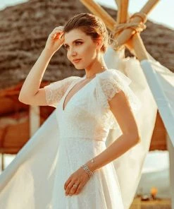 Ever-Pretty US Double V Neck Long Lace Evening Dress With Ruffle Sleeves SHOP BY OCCASION