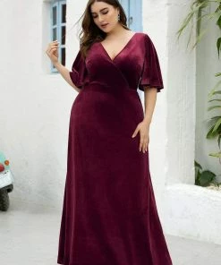 Ever-Pretty US Elegant Double V Neck Velvet Party Dress With Sleeves