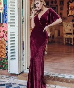 Ever-Pretty US Elegant Double V Neck Velvet Party Dress With Sleeves