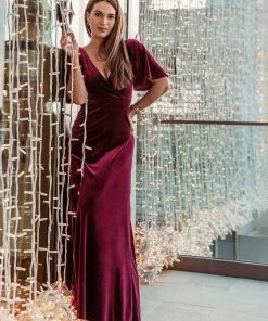 Ever-Pretty US Elegant Double V Neck Velvet Party Dress With Sleeves