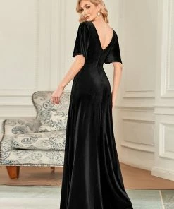 Ever-Pretty US Elegant Double V Neck Velvet Party Dress With Sleeves