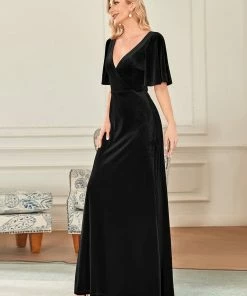 Ever-Pretty US Elegant Double V Neck Velvet Party Dress With Sleeves