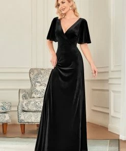 Ever-Pretty US Elegant Double V Neck Velvet Party Dress With Sleeves
