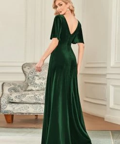 Ever-Pretty US Elegant Double V Neck Velvet Party Dress With Sleeves
