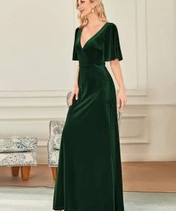 Ever-Pretty US Elegant Double V Neck Velvet Party Dress With Sleeves