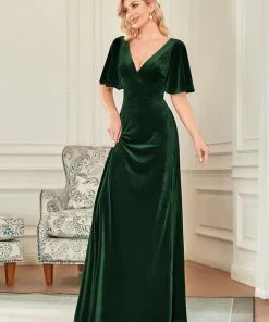 Ever-Pretty US Elegant Double V Neck Velvet Party Dress With Sleeves