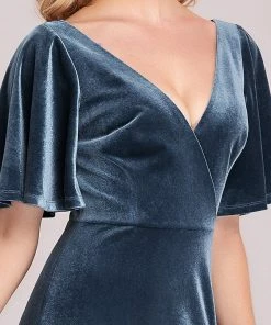 Ever-Pretty US Elegant Double V Neck Velvet Party Dress With Sleeves