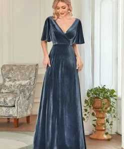 Ever-Pretty US Elegant Double V Neck Velvet Party Dress With Sleeves