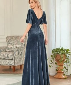 Ever-Pretty US Elegant Double V Neck Velvet Party Dress With Sleeves