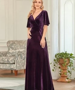 Ever-Pretty US Elegant Double V Neck Velvet Party Dress With Sleeves