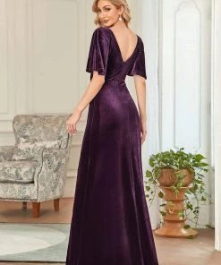 Ever-Pretty US Elegant Double V Neck Velvet Party Dress With Sleeves