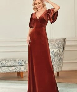 Ever-Pretty US Elegant Double V Neck Velvet Party Dress With Sleeves
