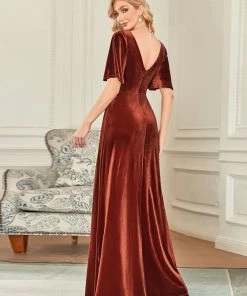 Ever-Pretty US Elegant Double V Neck Velvet Party Dress With Sleeves