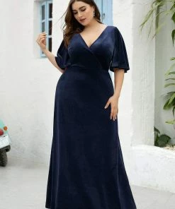Ever-Pretty US Elegant Double V Neck Velvet Party Dress With Sleeves