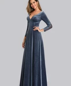 Ever-Pretty US Women's V-Neck Floor Length Velvet Prom Dresses With Long Sleeve