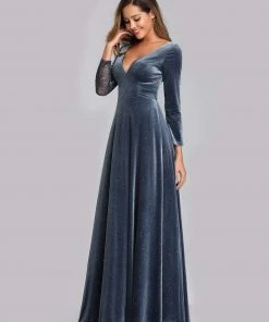 Ever-Pretty US Women's V-Neck Floor Length Velvet Prom Dresses With Long Sleeve