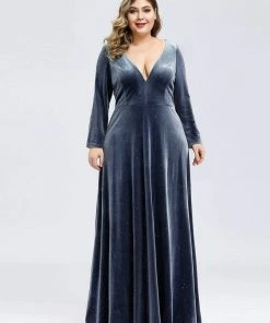 Ever-Pretty US Women's V-Neck Floor Length Velvet Prom Dresses With Long Sleeve