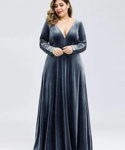Ever-Pretty US Women's V-Neck Floor Length Velvet Prom Dresses With Long Sleeve