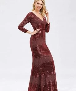 Ever-Pretty US SHOP BY OCCASION Women's Deep V-Neck Sequin Evening Dress With Long Sleeve