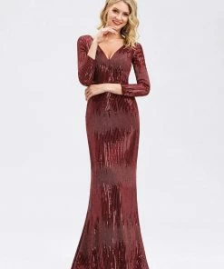 Ever-Pretty US SHOP BY OCCASION Women's Deep V-Neck Sequin Evening Dress With Long Sleeve