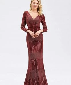 Ever-Pretty US SHOP BY OCCASION Women's Deep V-Neck Sequin Evening Dress With Long Sleeve