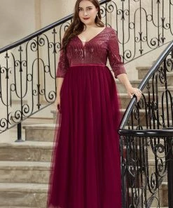Ever-Pretty US SHOP BY OCCASION Women's Maxi Long Sparkly Plus Size Evening Dress With Sleeve