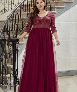 Ever-Pretty US SHOP BY OCCASION Women's Maxi Long Sparkly Plus Size Evening Dress With Sleeve