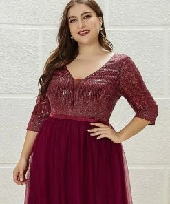 Ever-Pretty US Women's V-Neck Floor Length Sparkly Evening Dress With Sleeve