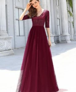 Ever-Pretty US Women's V-Neck Floor Length Sparkly Evening Dress With Sleeve