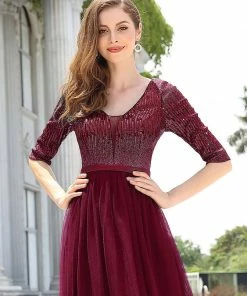 Ever-Pretty US Women's V-Neck Floor Length Sparkly Evening Dress With Sleeve