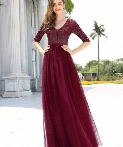 Ever-Pretty US Women's V-Neck Floor Length Sparkly Evening Dress With Sleeve