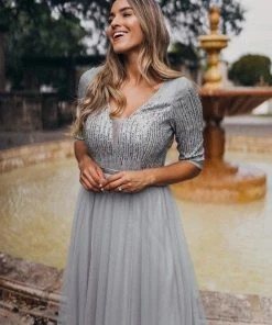 Ever-Pretty US Women's V-Neck Floor Length Sparkly Evening Dress With Sleeve