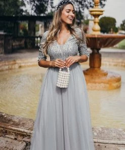 Ever-Pretty US Women's V-Neck Floor Length Sparkly Evening Dress With Sleeve