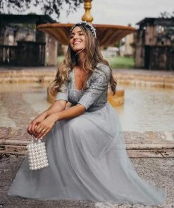 Ever-Pretty US Women's V-Neck Floor Length Sparkly Evening Dress With Sleeve