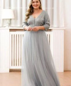 Ever-Pretty US SHOP BY OCCASION Women's Maxi Long Sparkly Plus Size Evening Dress With Sleeve