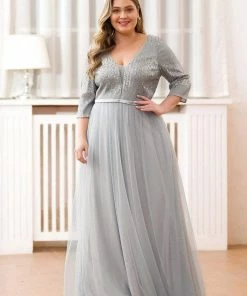 Ever-Pretty US Women's V-Neck Floor Length Sparkly Evening Dress With Sleeve