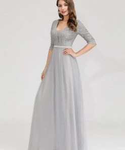 Ever-Pretty US Women's V-Neck Floor Length Sparkly Evening Dress With Sleeve