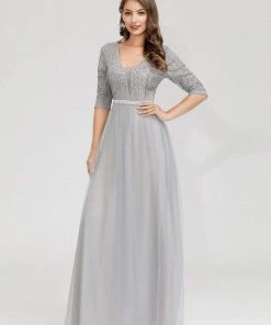 Ever-Pretty US Women's V-Neck Floor Length Sparkly Evening Dress With Sleeve