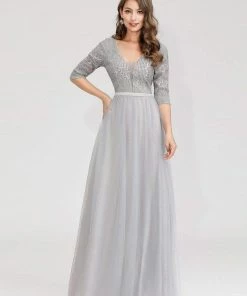 Ever-Pretty US Women's V-Neck Floor Length Sparkly Evening Dress With Sleeve