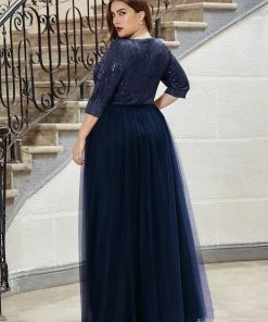 Ever-Pretty US Women's V-Neck Floor Length Sparkly Evening Dress With Sleeve